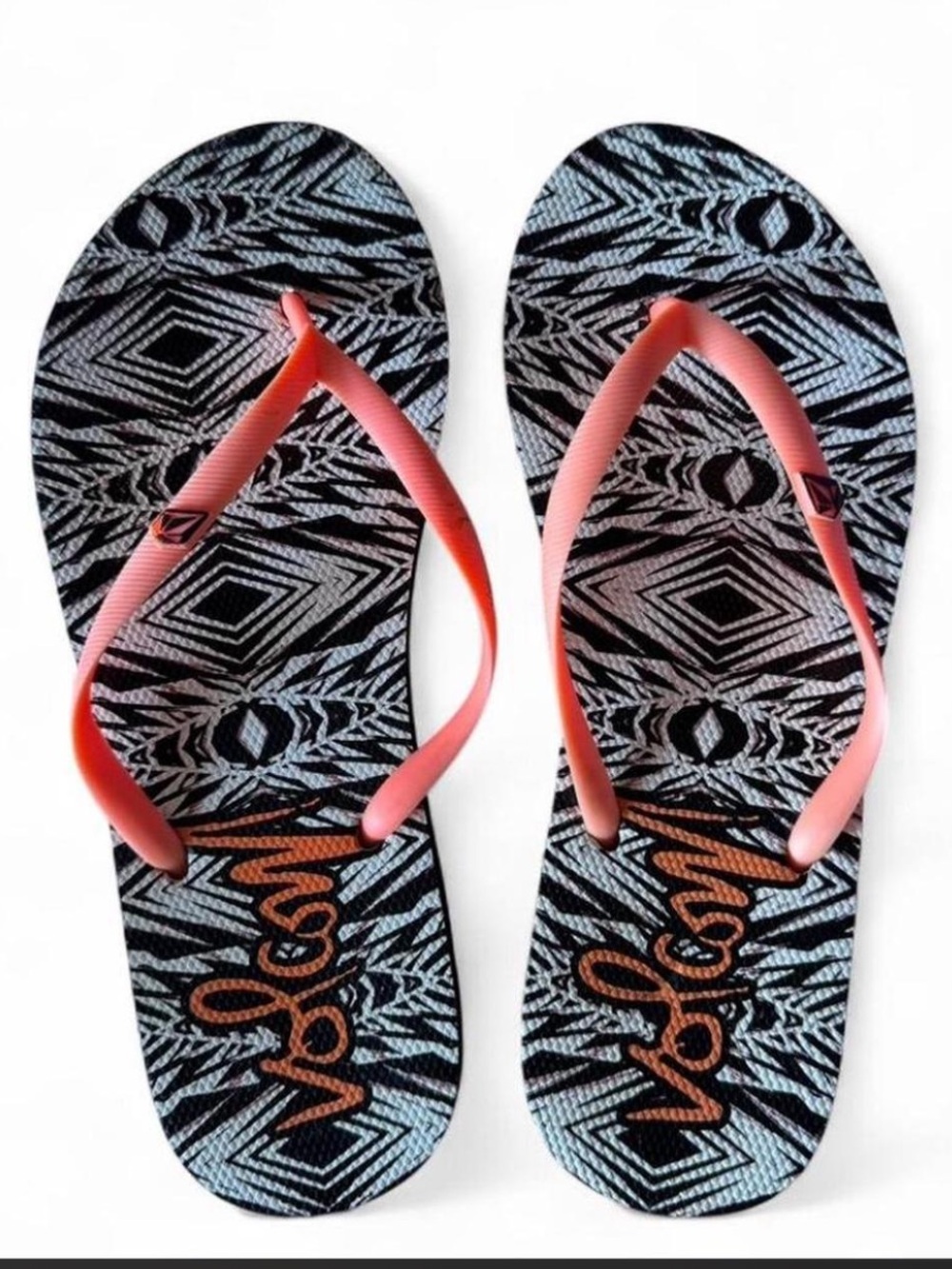 Volcom Black & White Geometric Flip Flops with Coral Straps